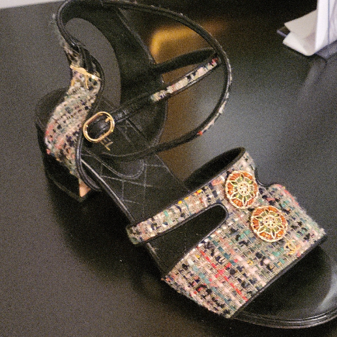 Chanel Black And Multicolor Tweed Sandals